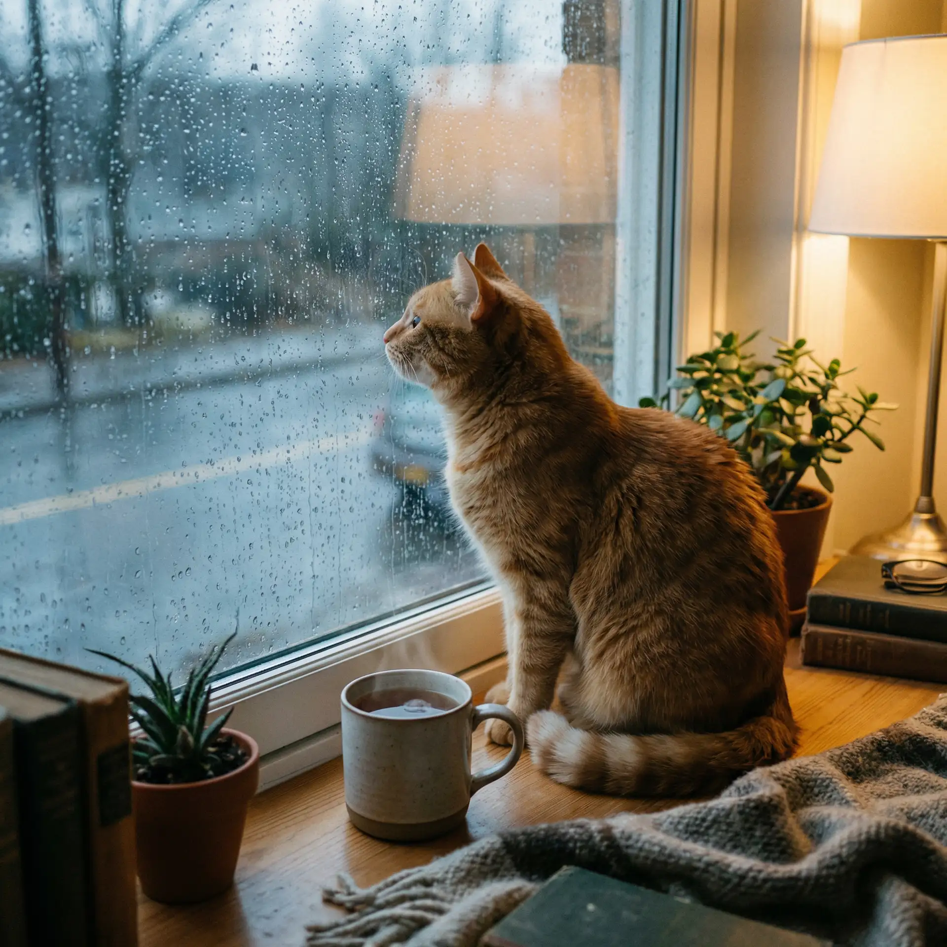 猫咪望着窗外的雨 - 津门飞鹰